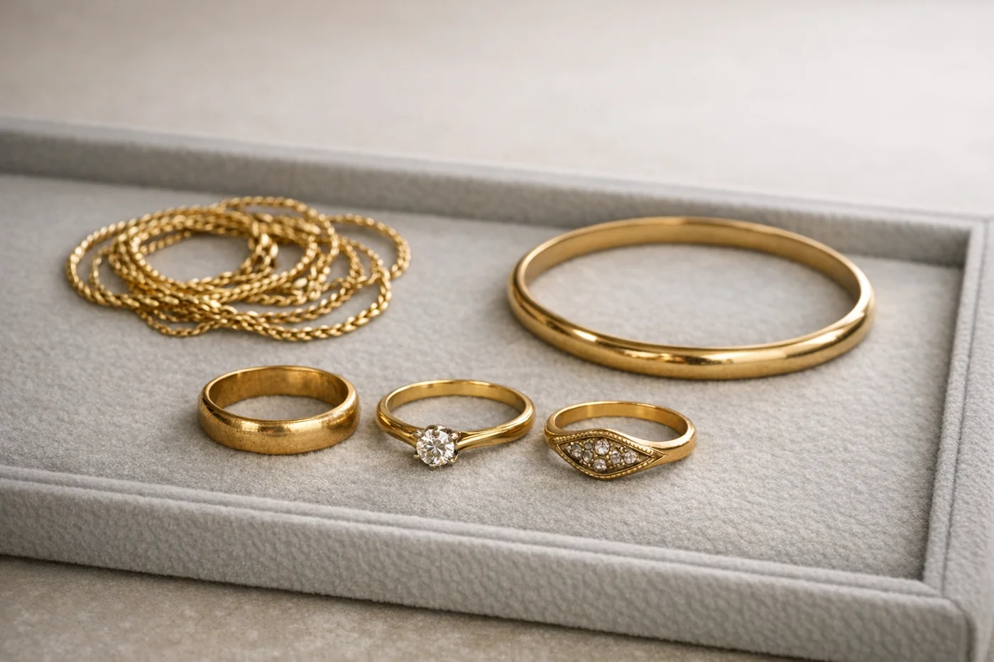 Gold rings, chains, and a bangle in a grey jewelry tray.