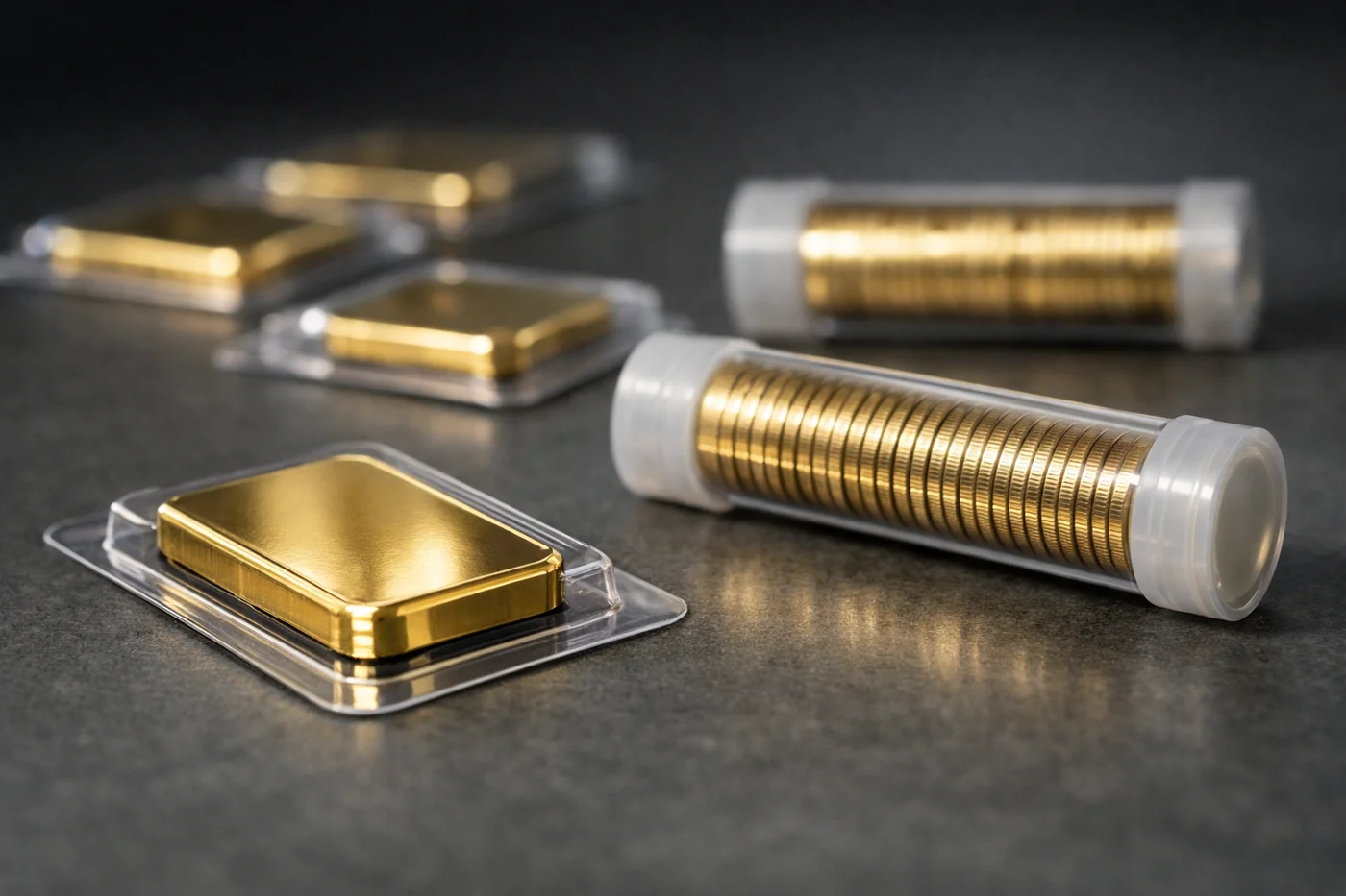 Sealed gold bars and clear tubes of stacked bullion coins on a dealer counter