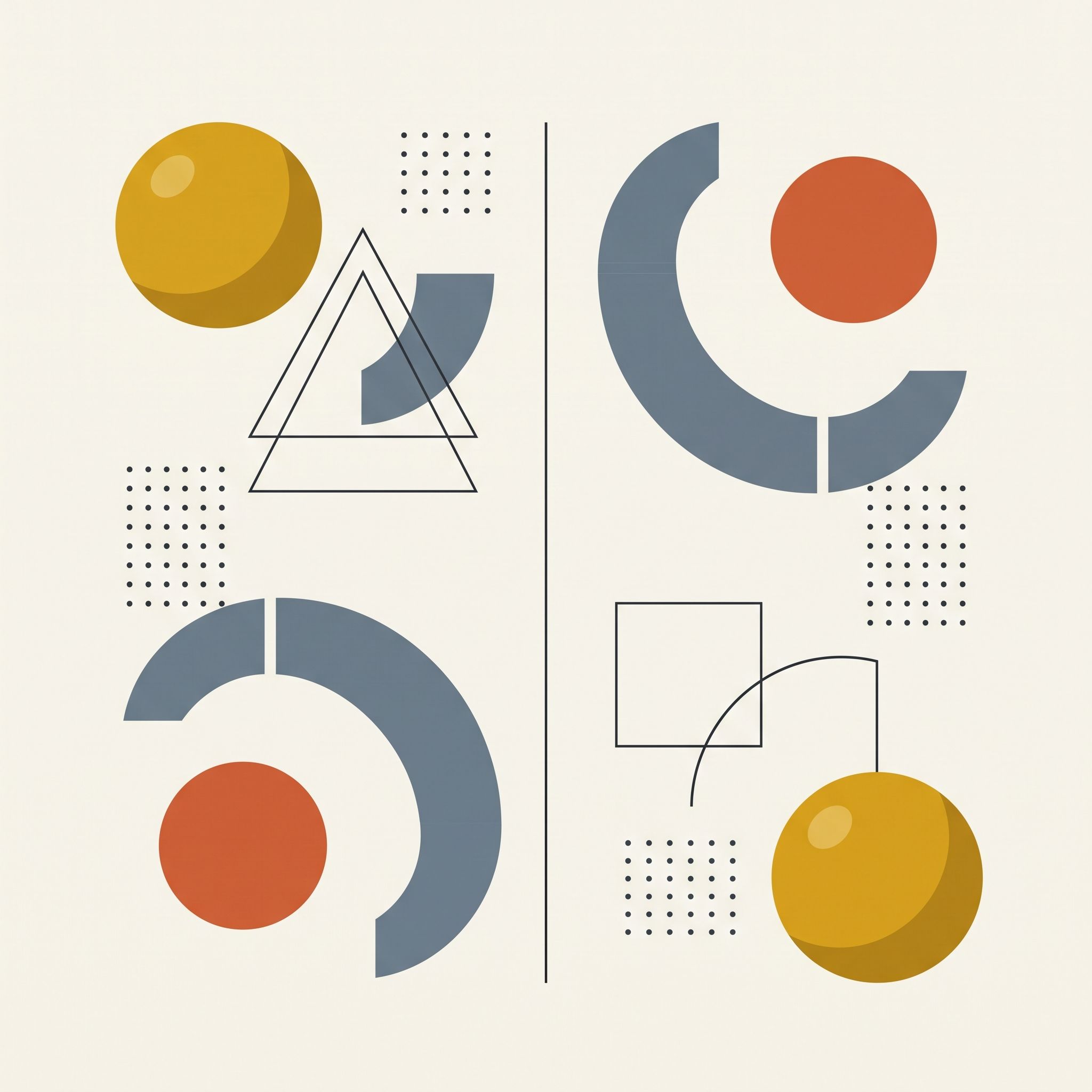 Abstract geometric art composition with balanced shapes and muted colors on a light background.
