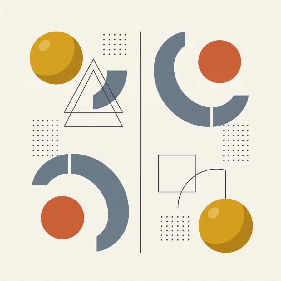Abstract geometric art composition with balanced shapes and muted colors on a light background.