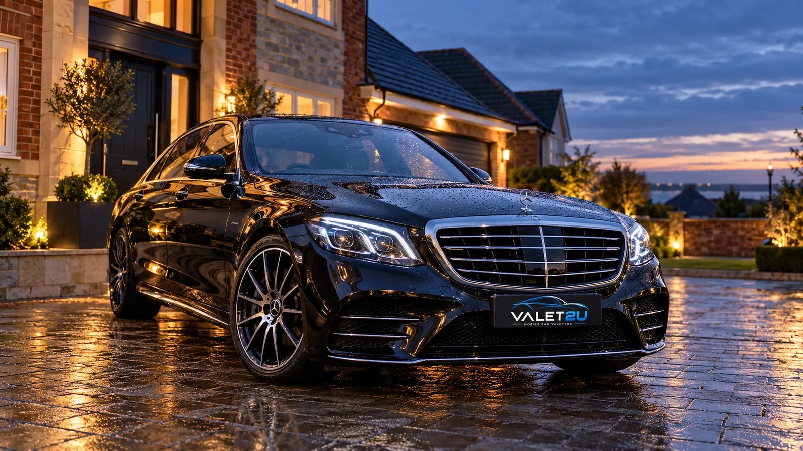 Black car outside a brick and stone home at dusk. Staging artwork.