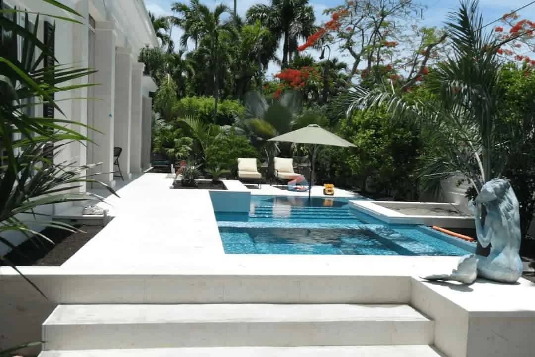 White shell-stone pool deck and steps wrapping a pool and spa in a palm-filled courtyard