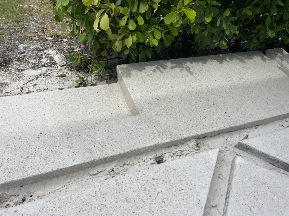 Poured shellcrete steps and a landing running down to sand, sea grape growing over the edge