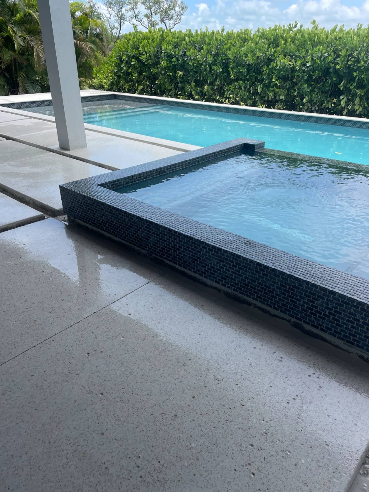 A pool and raised spa with dark blue mosaic walls, surrounded by a polished Shellcrete deck