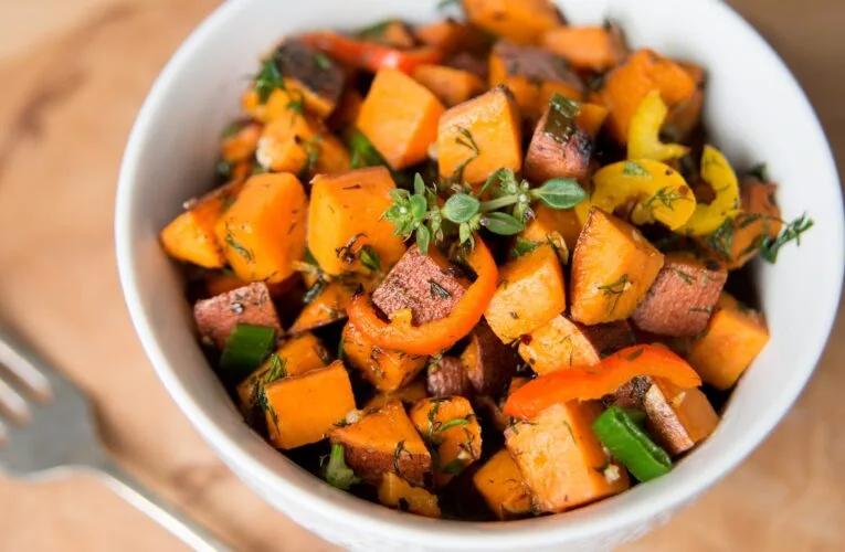 sweet potato sausage bake|Sweet Potato Hash with Fresh Herbs, sliced sausage, Peppers and Onions