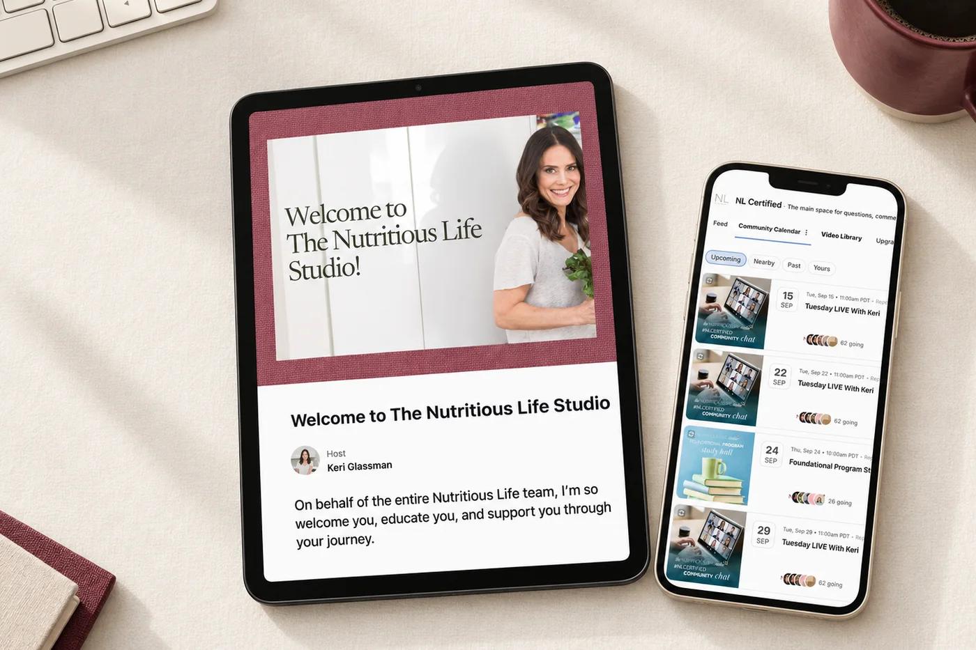A Nutritious Life Studio lesson open on a tablet and phone