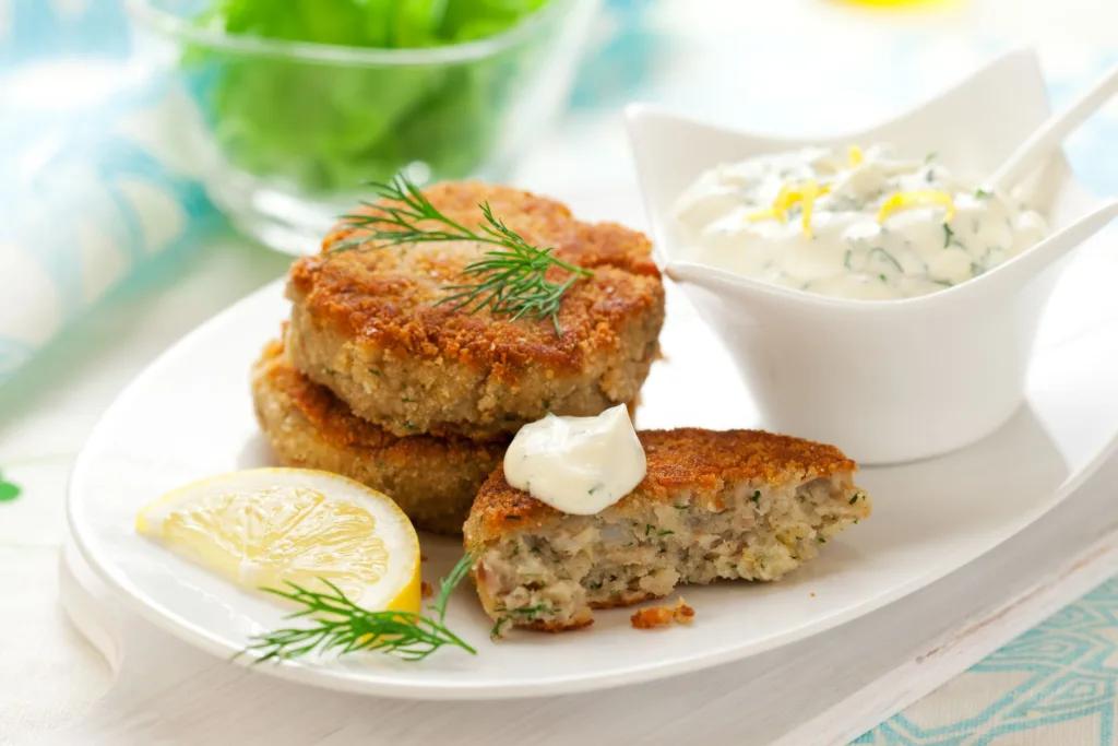 Dijon Salmon Cakes and Arugula with Lemon-Caper Oil