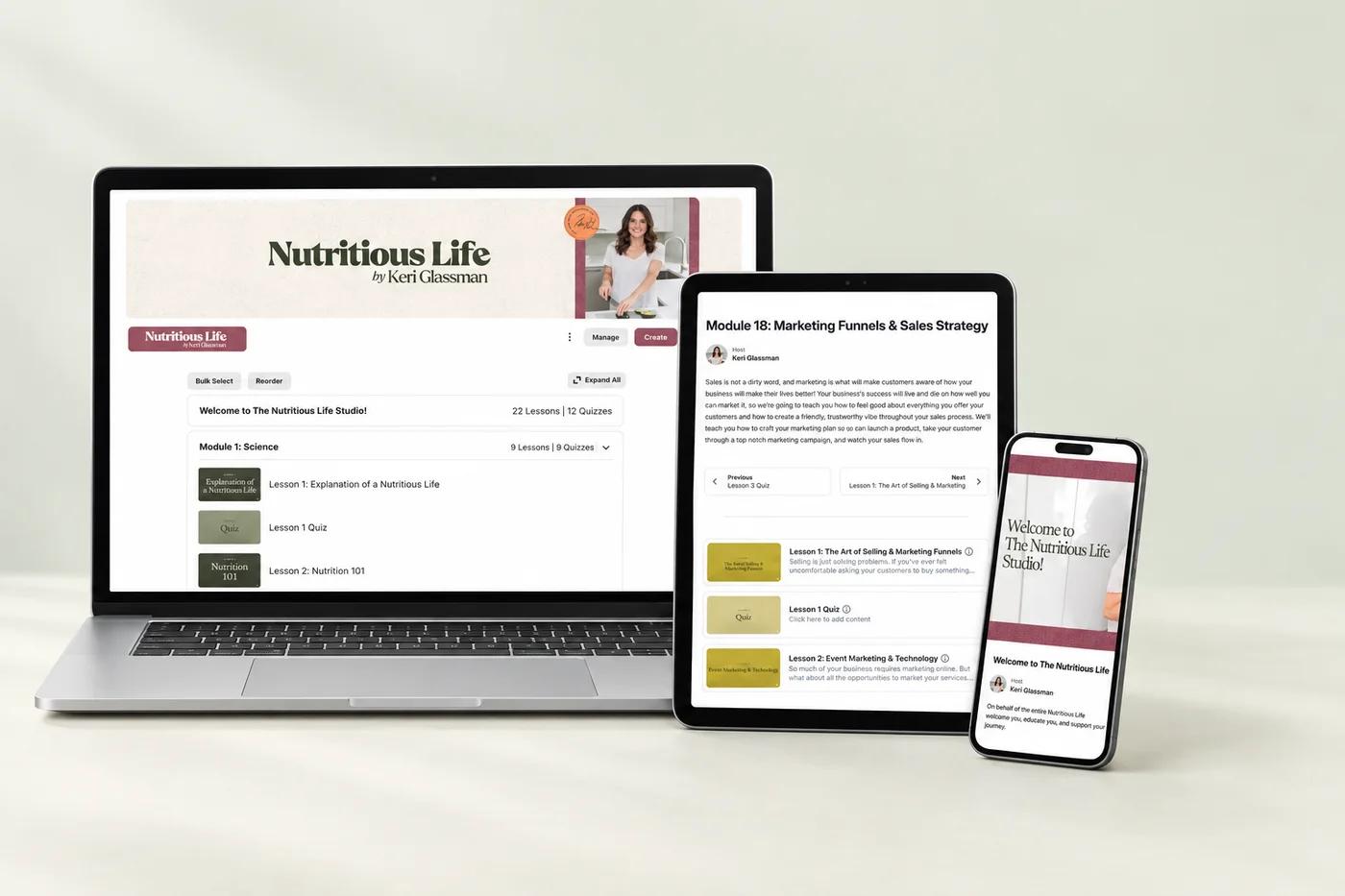 A Nutritious Life Studio lesson open on a laptop, tablet and phone