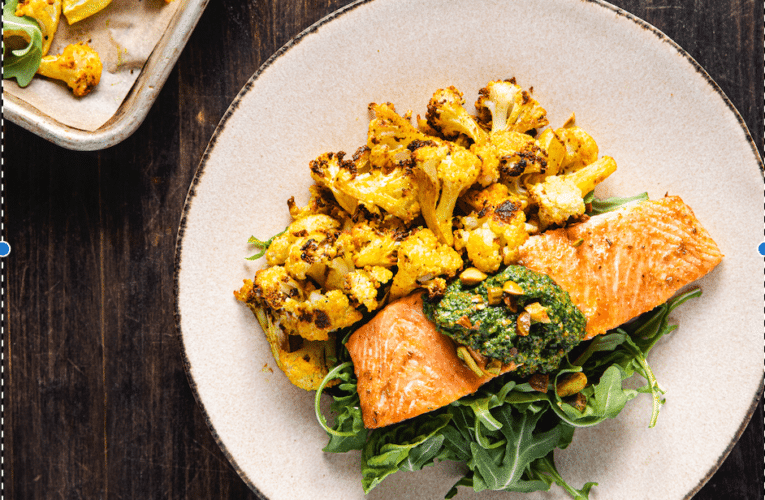Tom Brady’s TB12 Roasted Wild Salmon & Spiced Cauliflower with Pistachio-Arugula Pesto