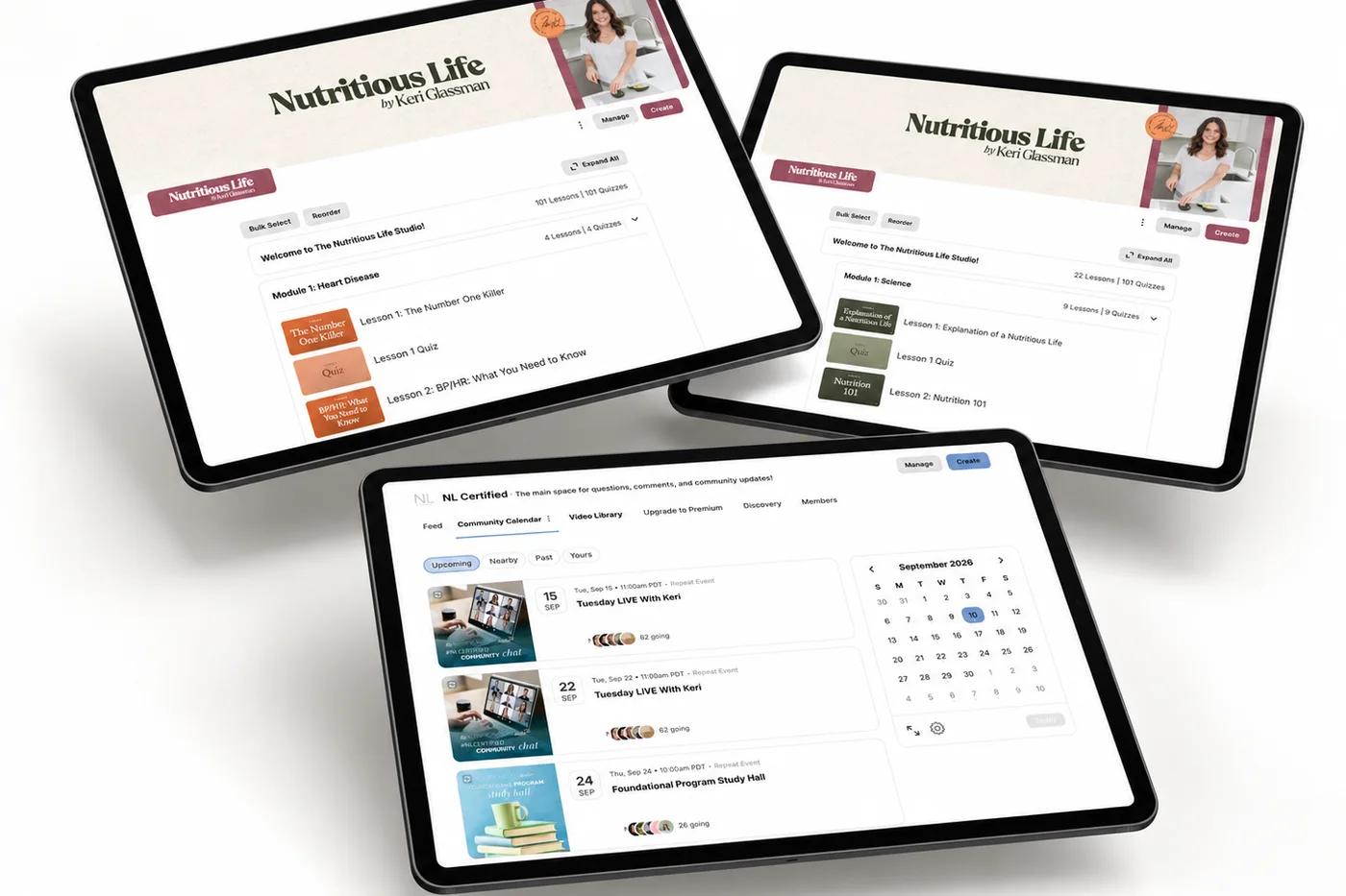 Three tablets showing Nutritious Life Studio science modules