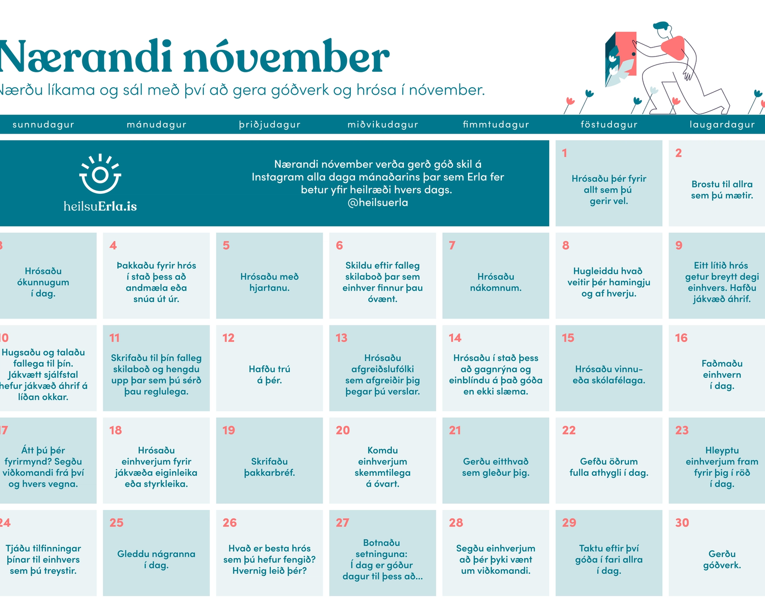 nærandi nóvember, dagatal, heilsa, andlega heilsa, hrós