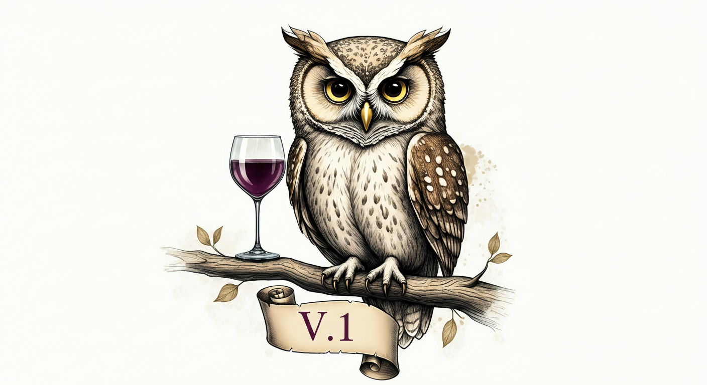 Illustrated owl perched on a rustic tree branch with wings relaxed at its sides, holding a wine glass in one lowered wing, with a fully unrolled scroll displaying bold 'V.1' in elegant serif lettering, rendered in soft pastel watercolor-tinted ink illustration style