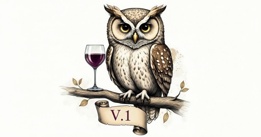 Illustrated owl perched on a rustic tree branch with wings relaxed at its sides, holding a wine glass in one lowered wing, with a fully unrolled scroll displaying bold 'V.1' in elegant serif lettering, rendered in soft pastel watercolor-tinted ink illustration style