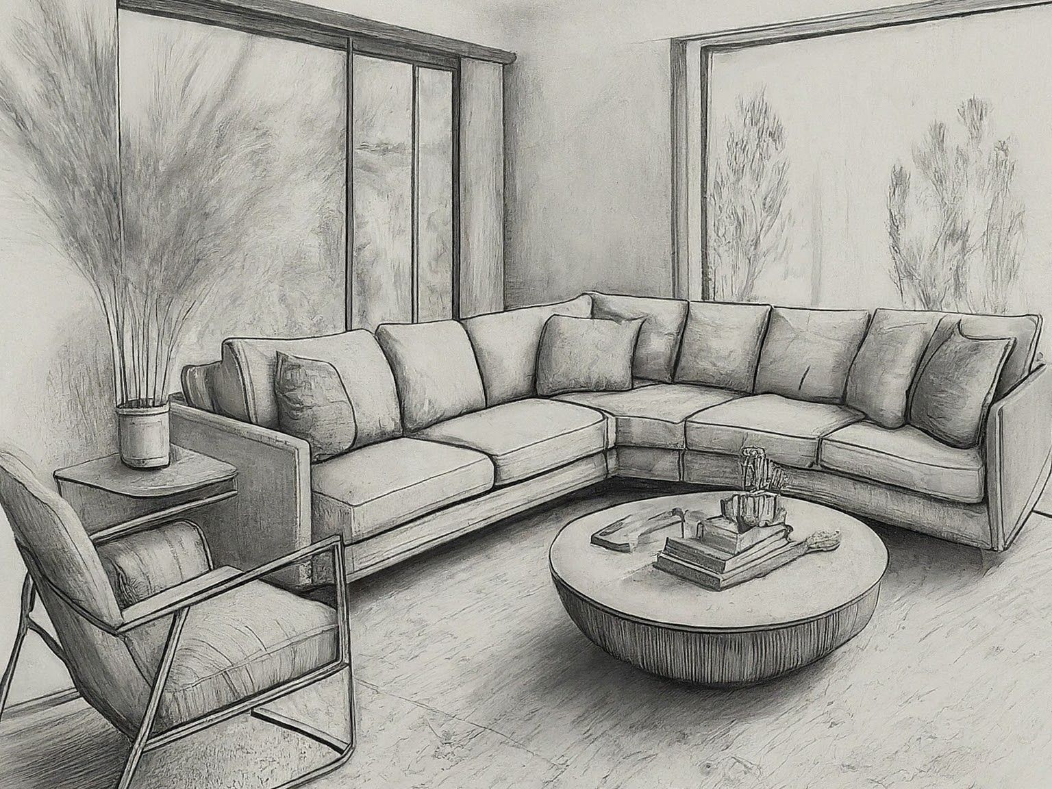 a black and white drawing of a living room with a couch , chairs , and a coffee table .