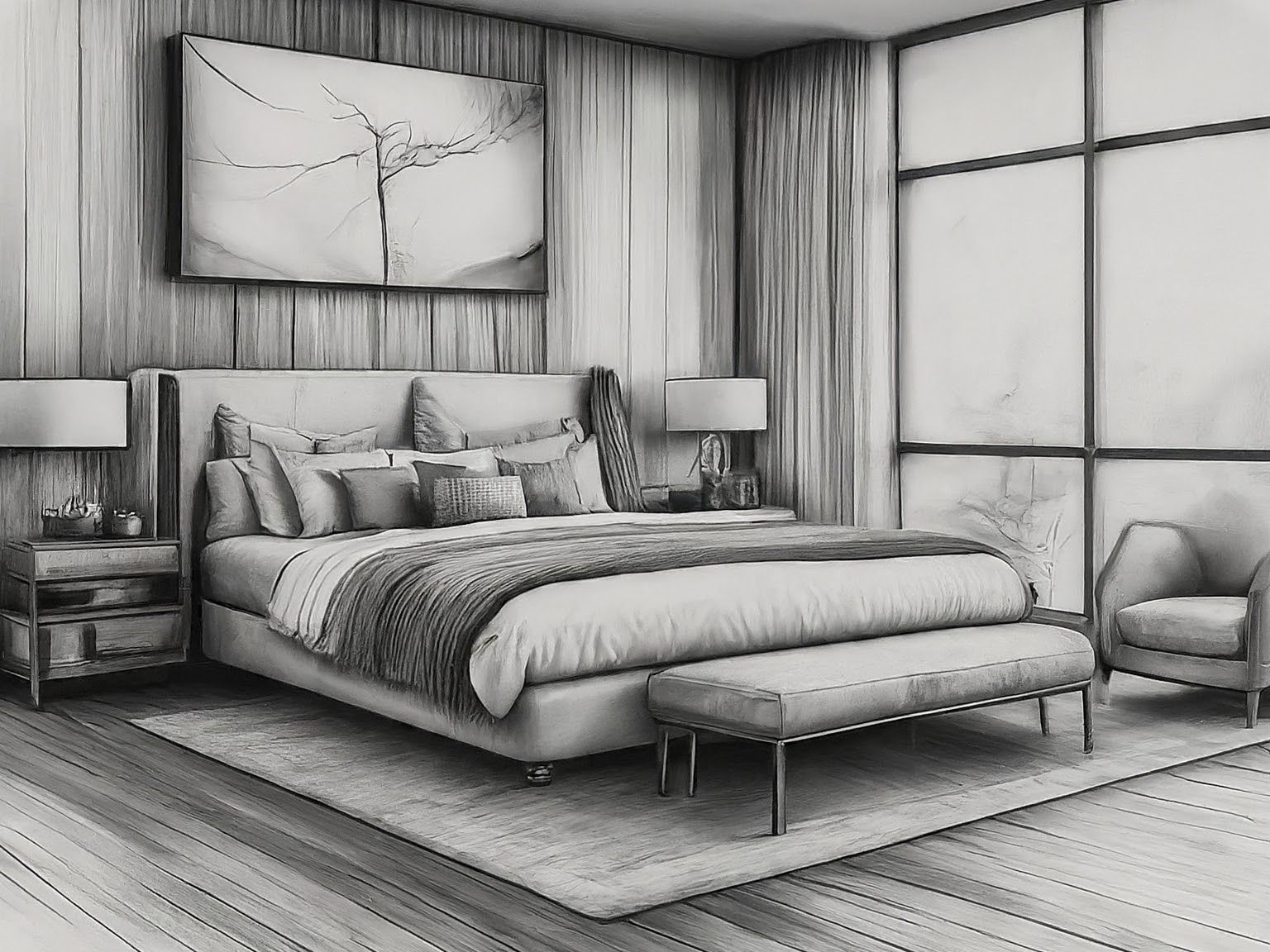 a black and white drawing of a bedroom with a bed , chair , nightstand , lamps and a large window .