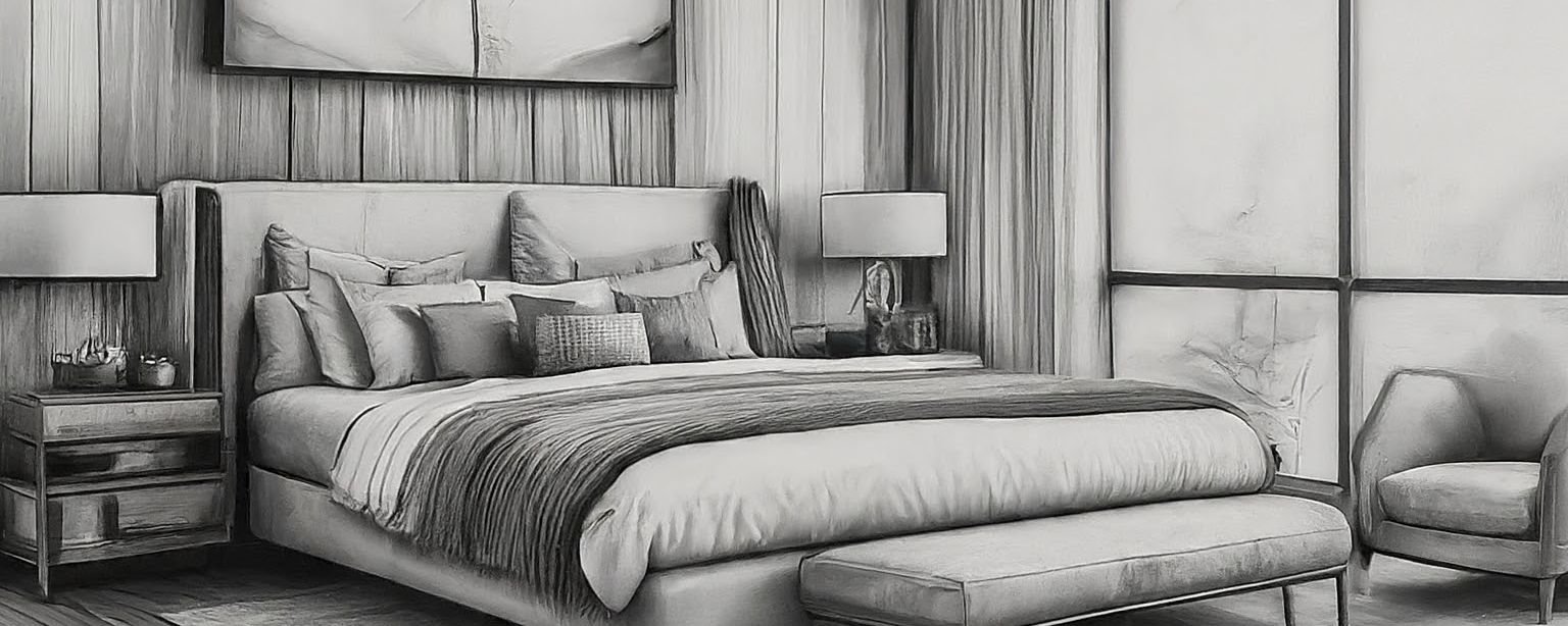 a black and white drawing of a bedroom with a bed , chair , nightstand , lamps and a large window .