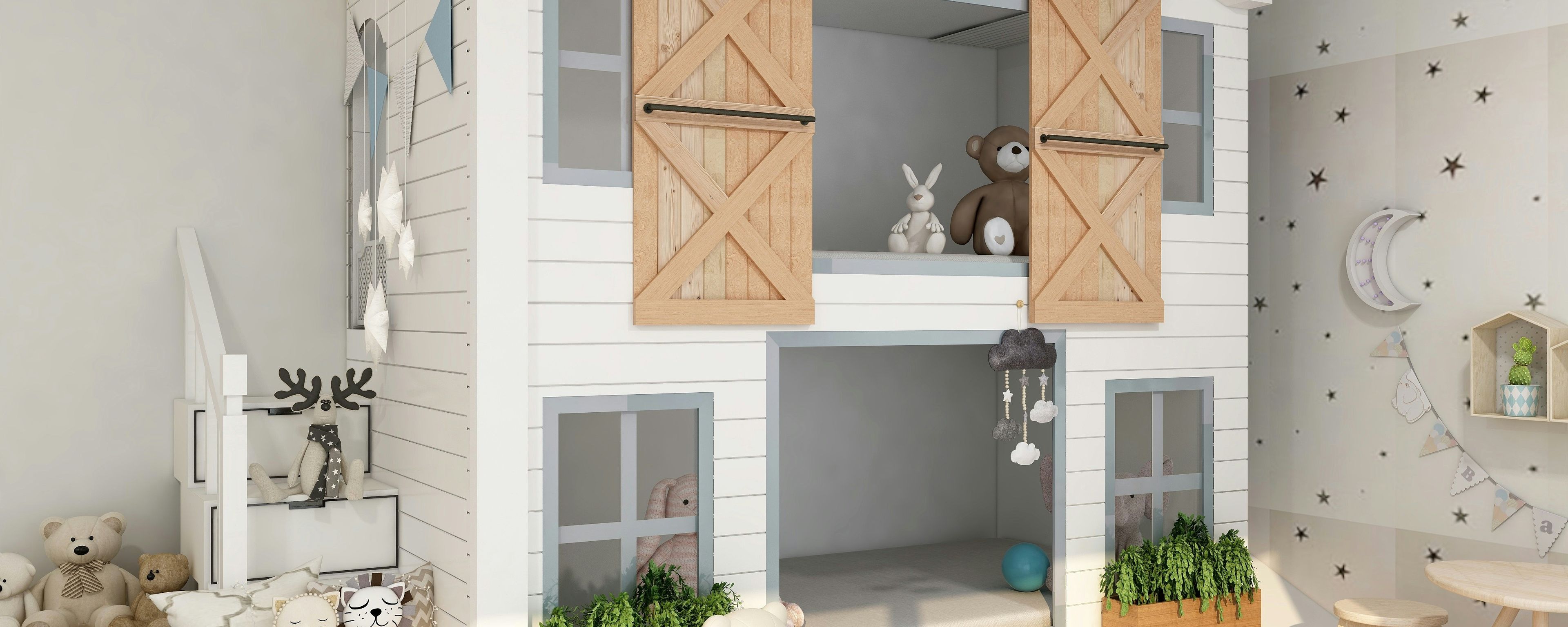 Children's room with playhouse, stuffed toys, and a small table and chairs