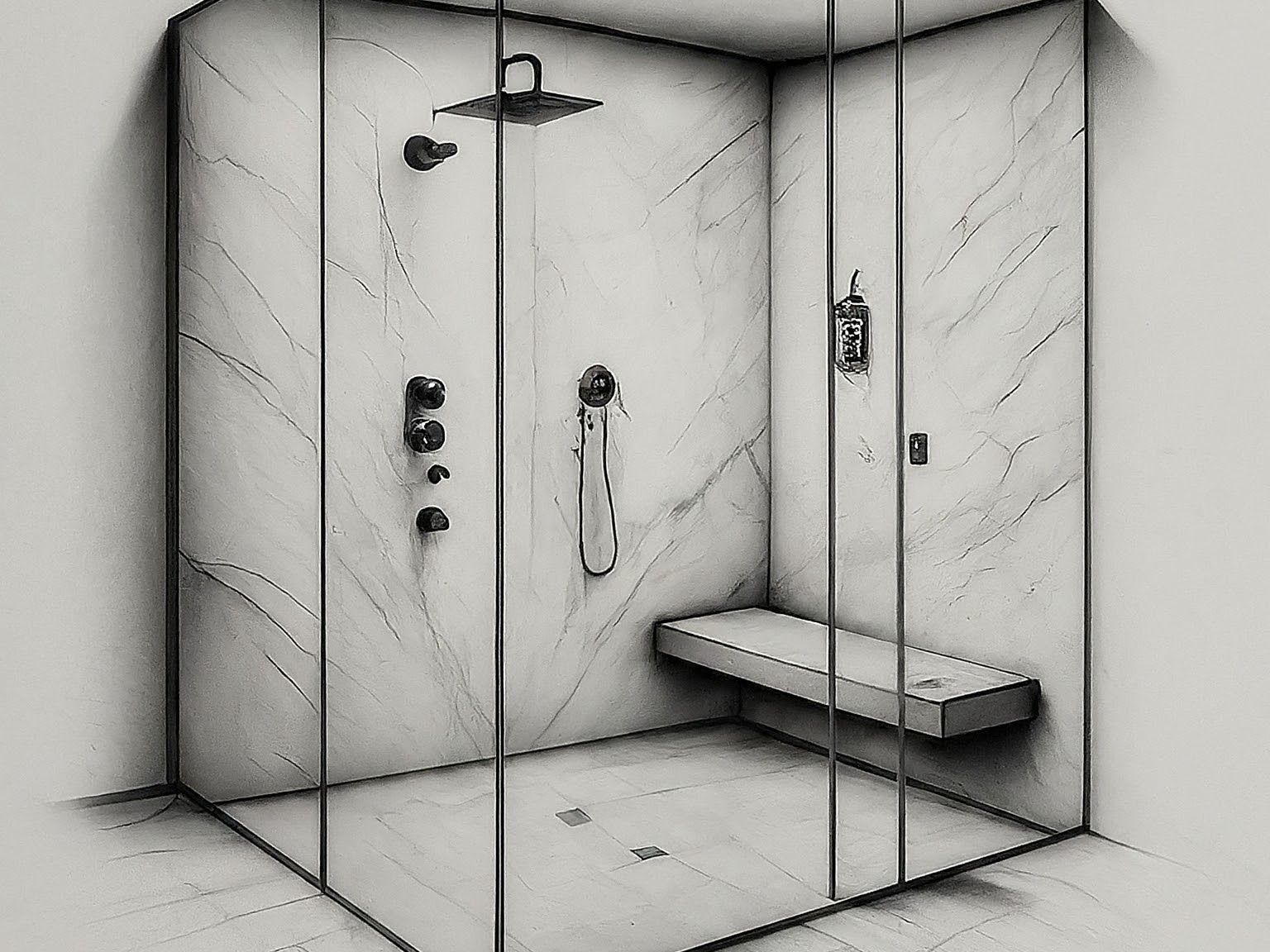 a bathroom with two sinks and a walk in shower .