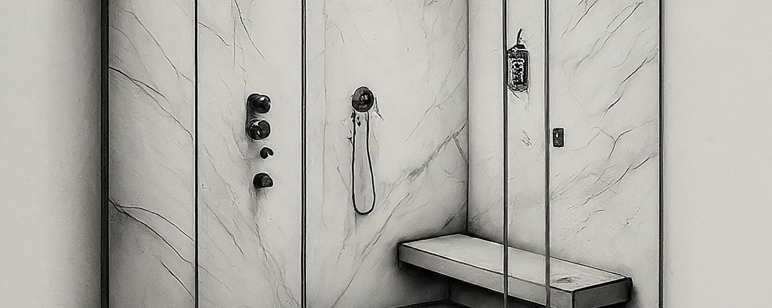 a bathroom with two sinks and a walk in shower .