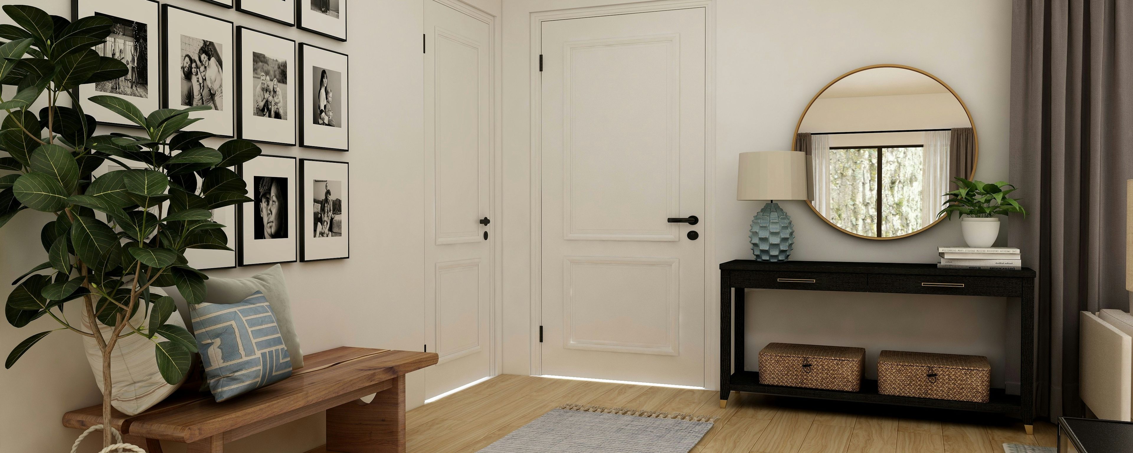 front entrance way interior showing inside of front door, a runner rug, a bench, and a console table with bins for organization