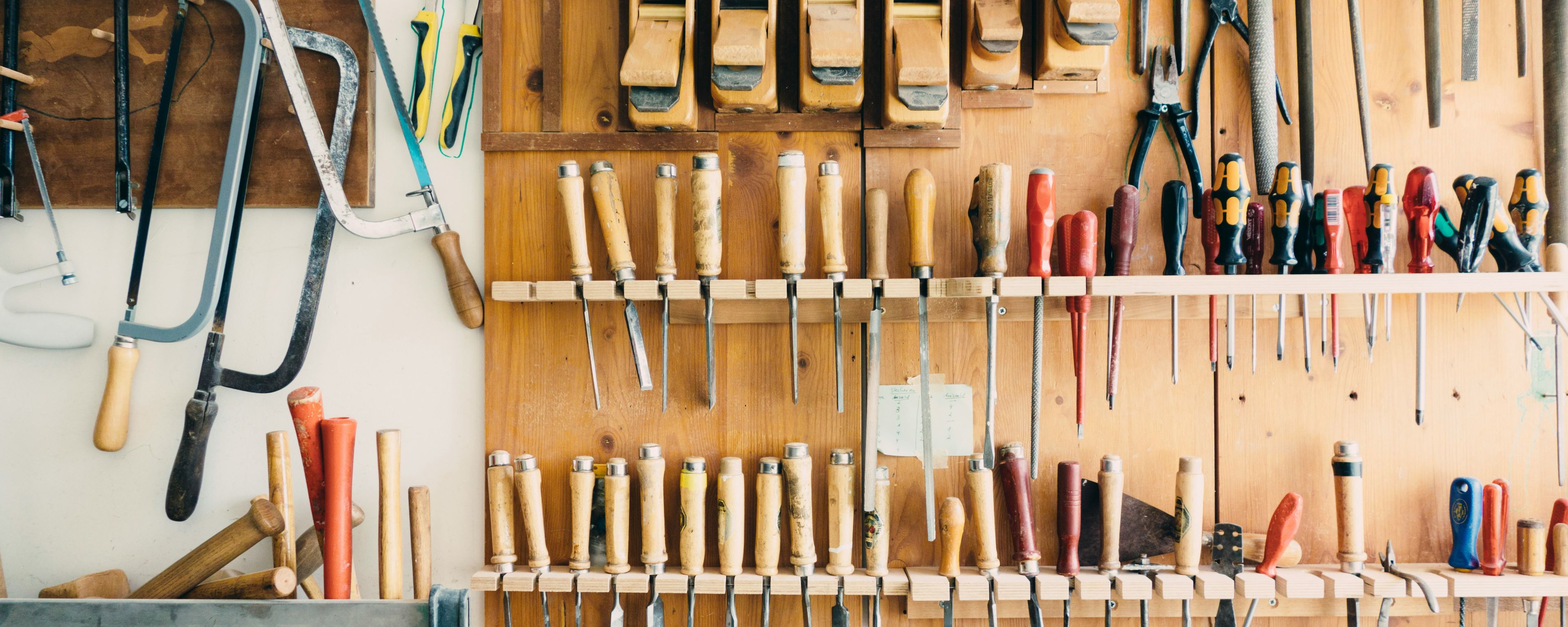 garage wall with tools hanging