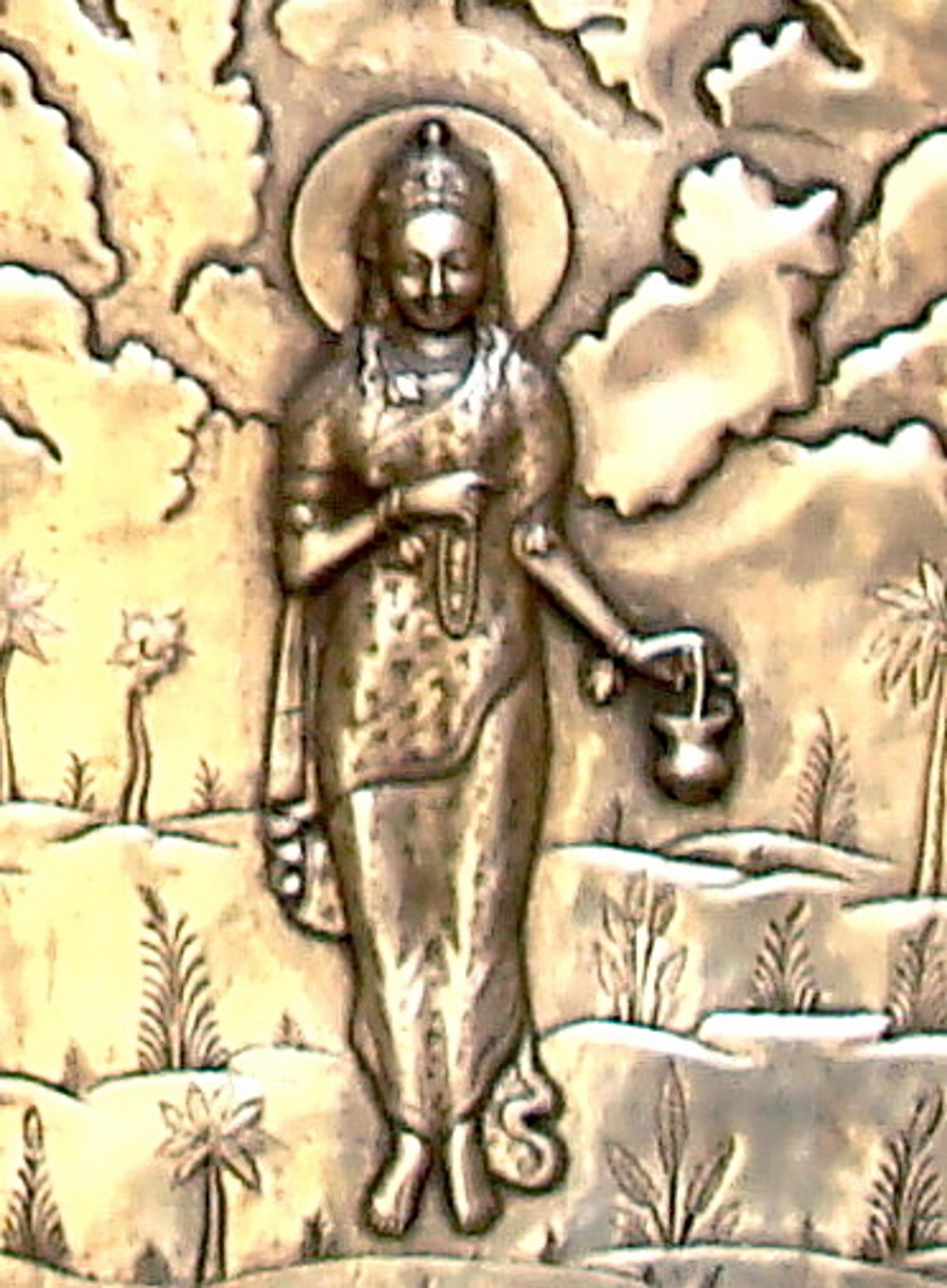 Maa Brahmacharini walking barefoot with prayer beads and a water pot, in a brass relief