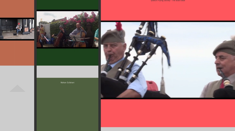 Musicircus app in 3 columns on right 2 men playing bagpipes