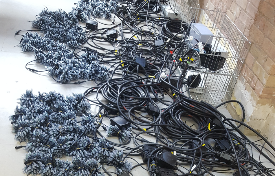 Cables and lights being prepared in the studio