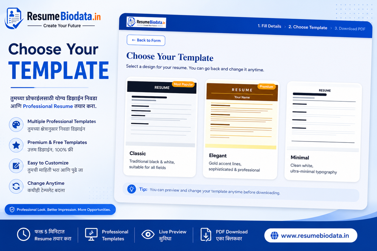 Choose Your Resume Template page showing multiple professional resume templates with live preview on ResumeBiodata.in