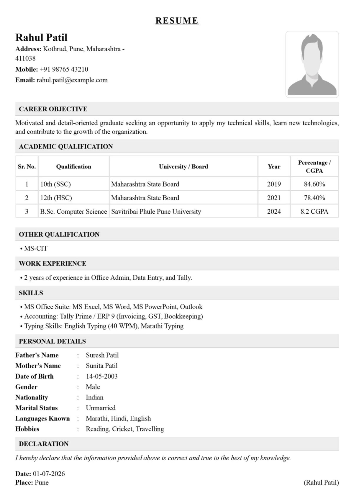 Classic Resume Template for Freshers and Professionals