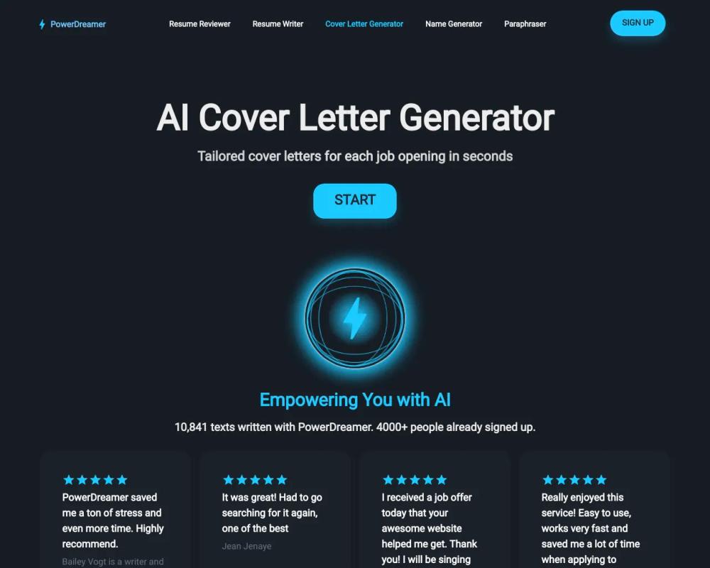 PowerDreamer AI Cover Letter Generator website screenshot PowerDreamer AI Cover Letter Generator website screenshot