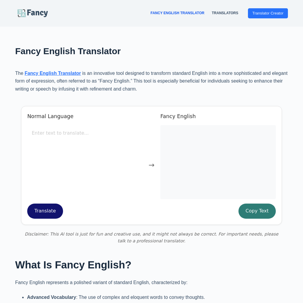 Fancy English Translator website screenshot Fancy English Translator website screenshot