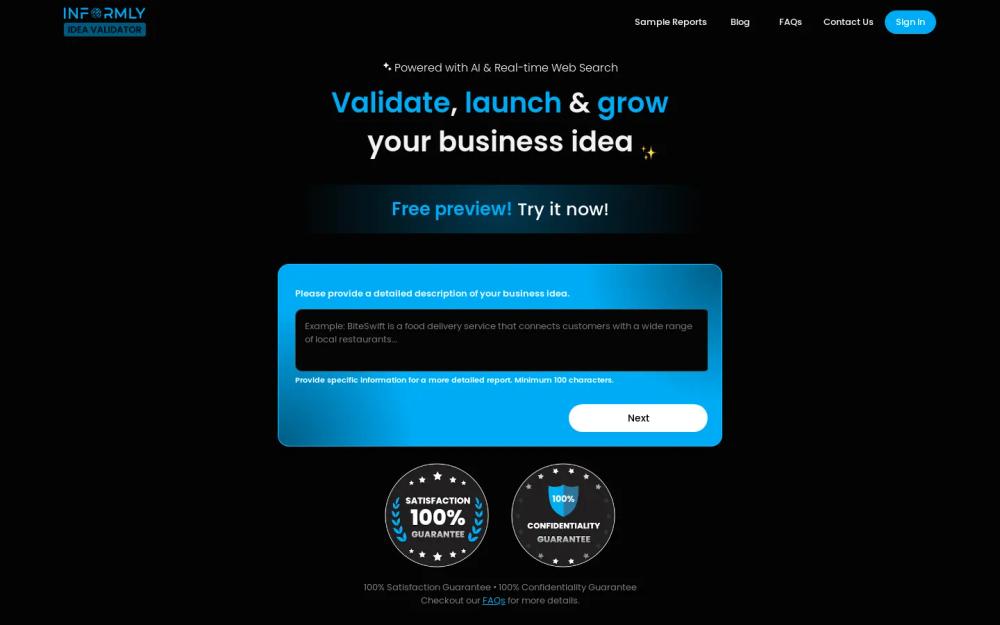 Informly Idea Validator website screenshot Informly Idea Validator website screenshot
