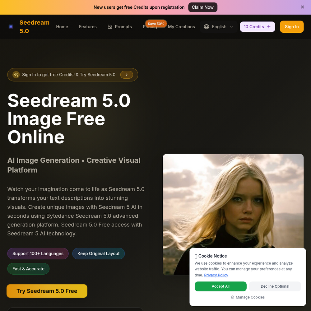 Seedream 5.0 AI Image Editor website screenshot Seedream 5.0 AI Image Editor website screenshot