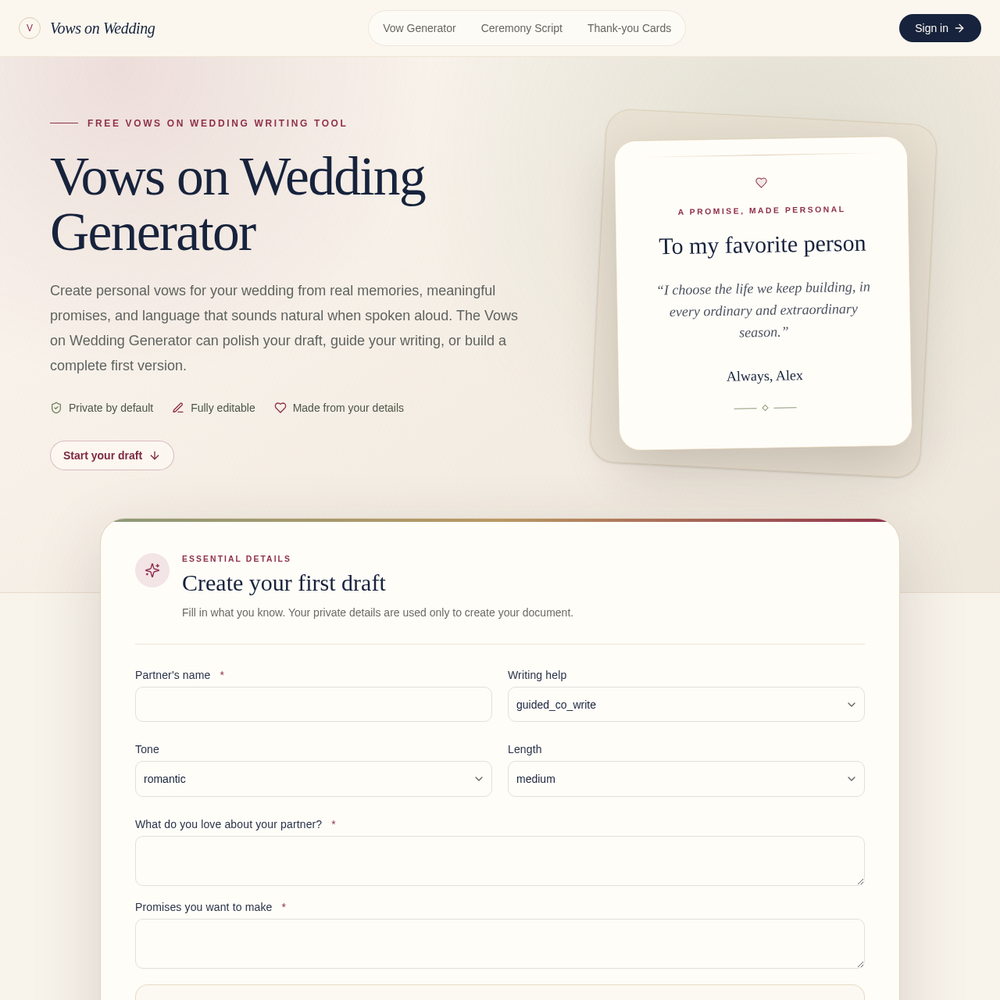 Vows on Wedding website screenshot Vows on Wedding website screenshot