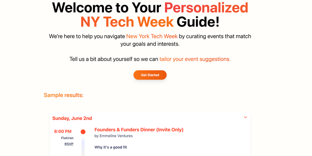 NY Tech Week AI Event Matcher website screenshot NY Tech Week AI Event Matcher website screenshot