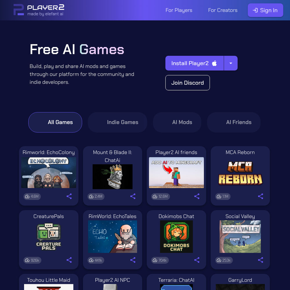 Player2 website screenshot Player2 website screenshot