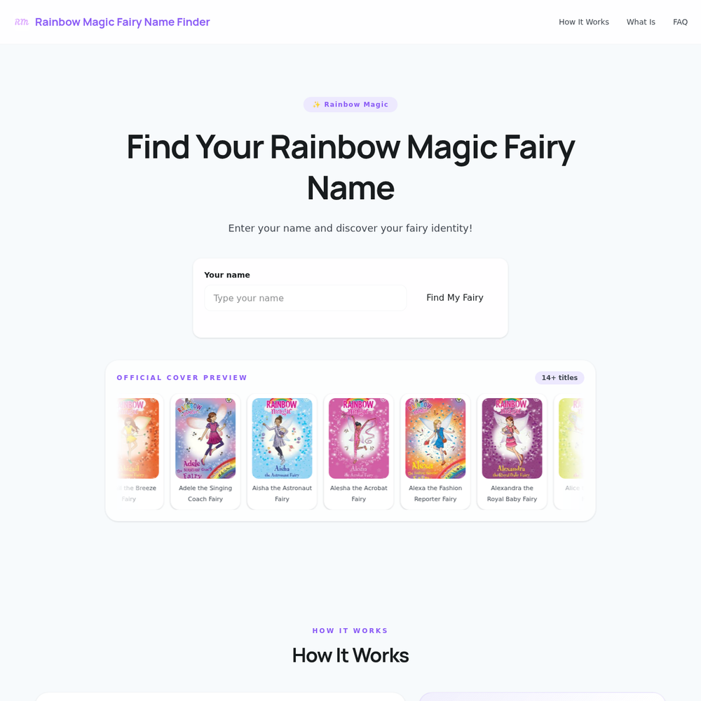Rainbow Magic Fairy Name Finder website screenshot Rainbow Magic Fairy Name Finder website screenshot