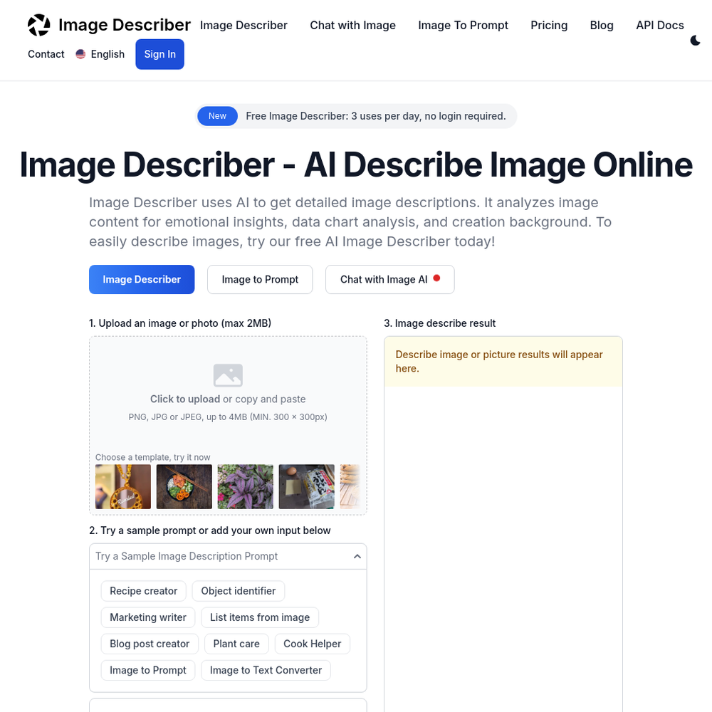 Image Describer website screenshot Image Describer website screenshot