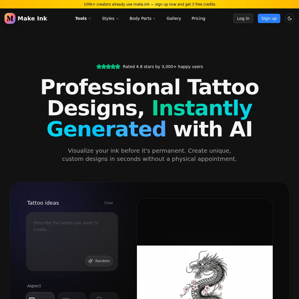make.ink AI Tattoo Generator website screenshot make.ink AI Tattoo Generator website screenshot