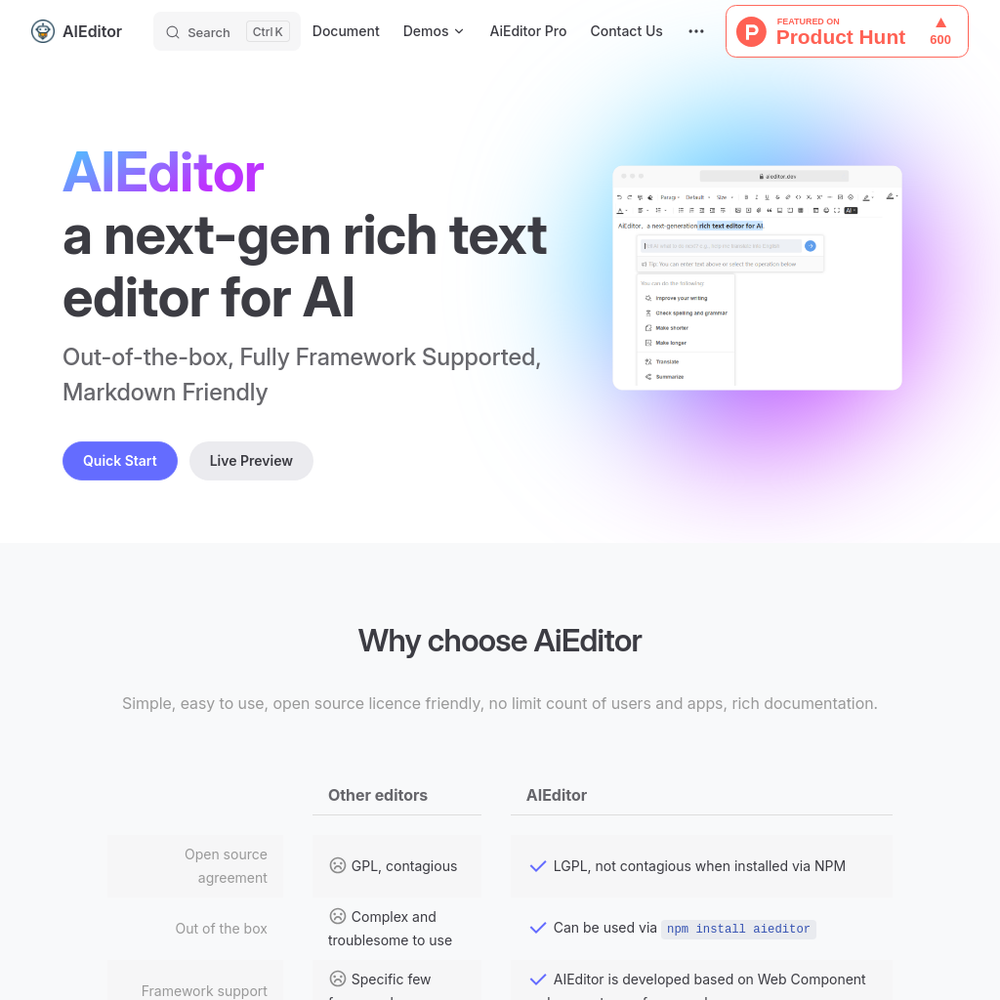 AiEditor website screenshot AiEditor website screenshot