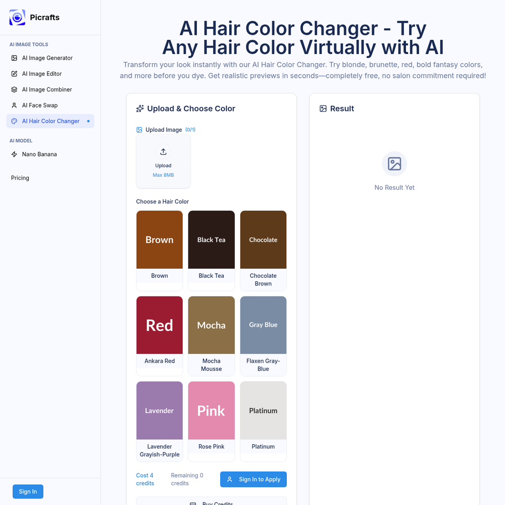 PiCrafts AI Hair Color Changer website screenshot PiCrafts AI Hair Color Changer website screenshot