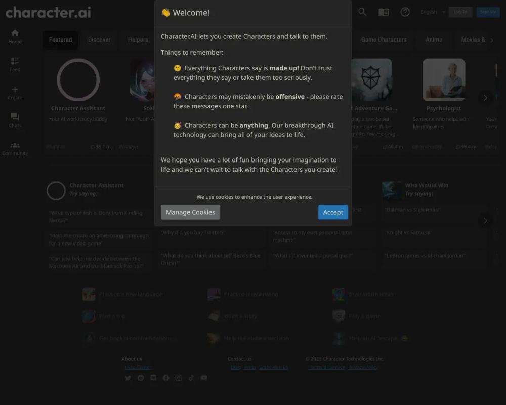 CharacterAI website screenshot CharacterAI website screenshot