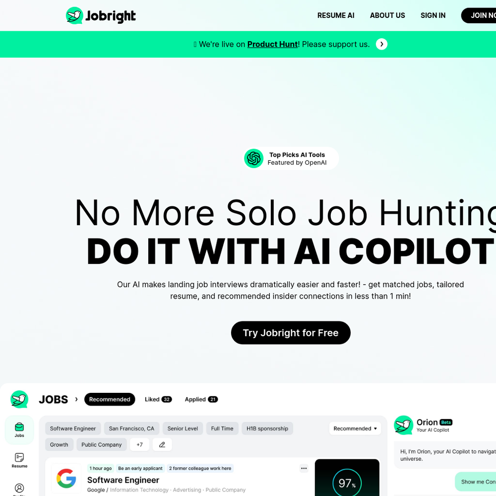 Jobright AI website screenshot Jobright AI website screenshot