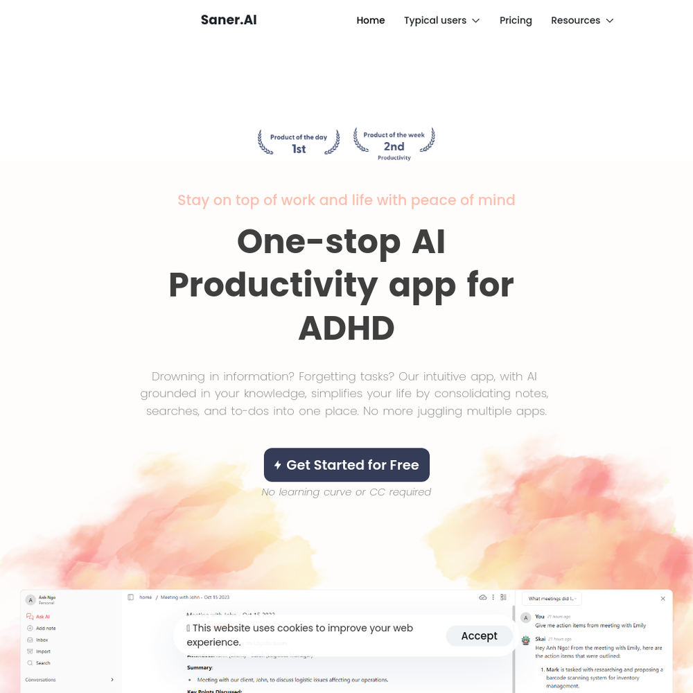 Saner.ai website screenshot Saner.ai website screenshot