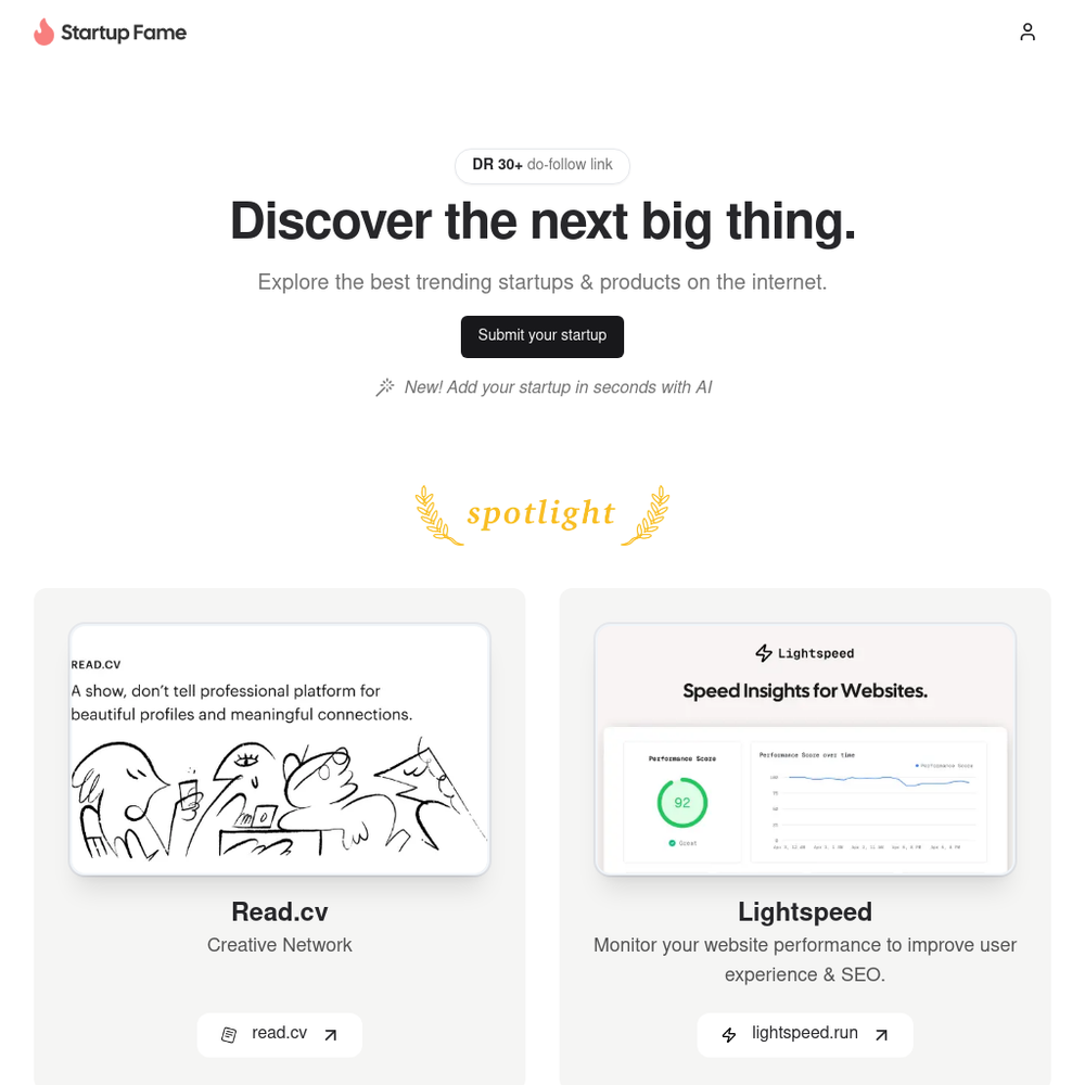 Startup Fame website screenshot Startup Fame website screenshot