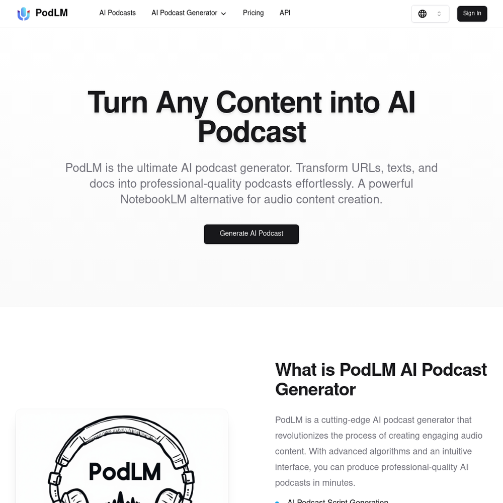 PodLM website screenshot PodLM website screenshot