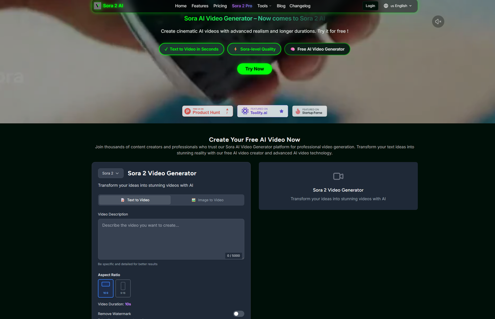Sora AI Video Generator website screenshot Sora AI Video Generator website screenshot