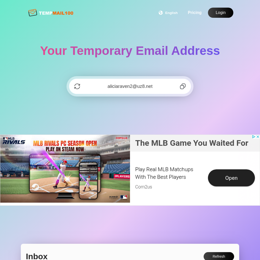Temp Mail 100 website screenshot Temp Mail 100 website screenshot