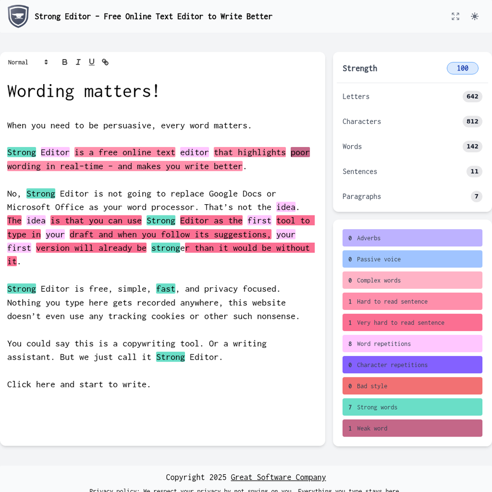 Strong Editor website screenshot Strong Editor website screenshot